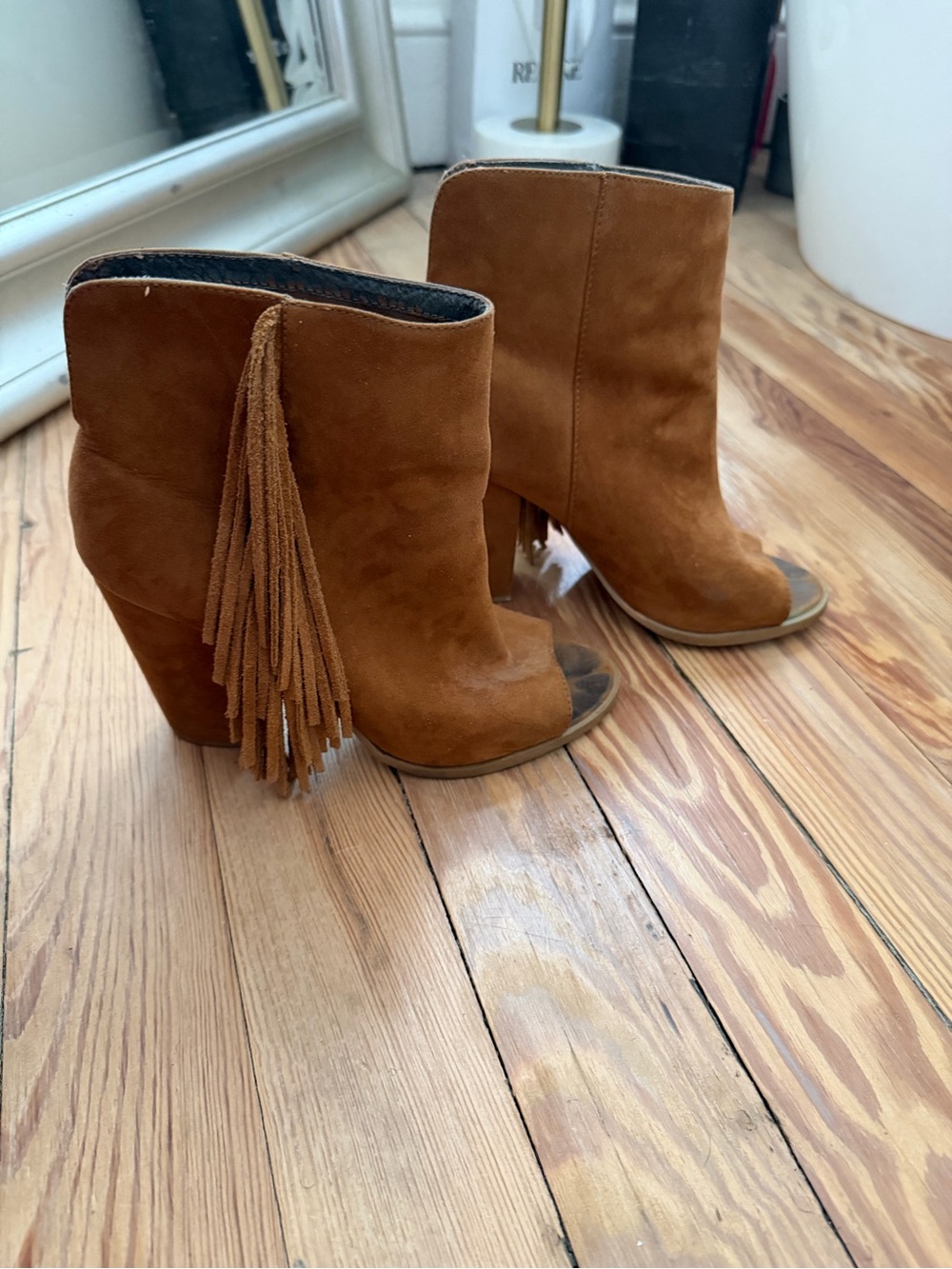 DV by Dolce Vita Tan Suede Fringe Peep-Toe Ankle Boots